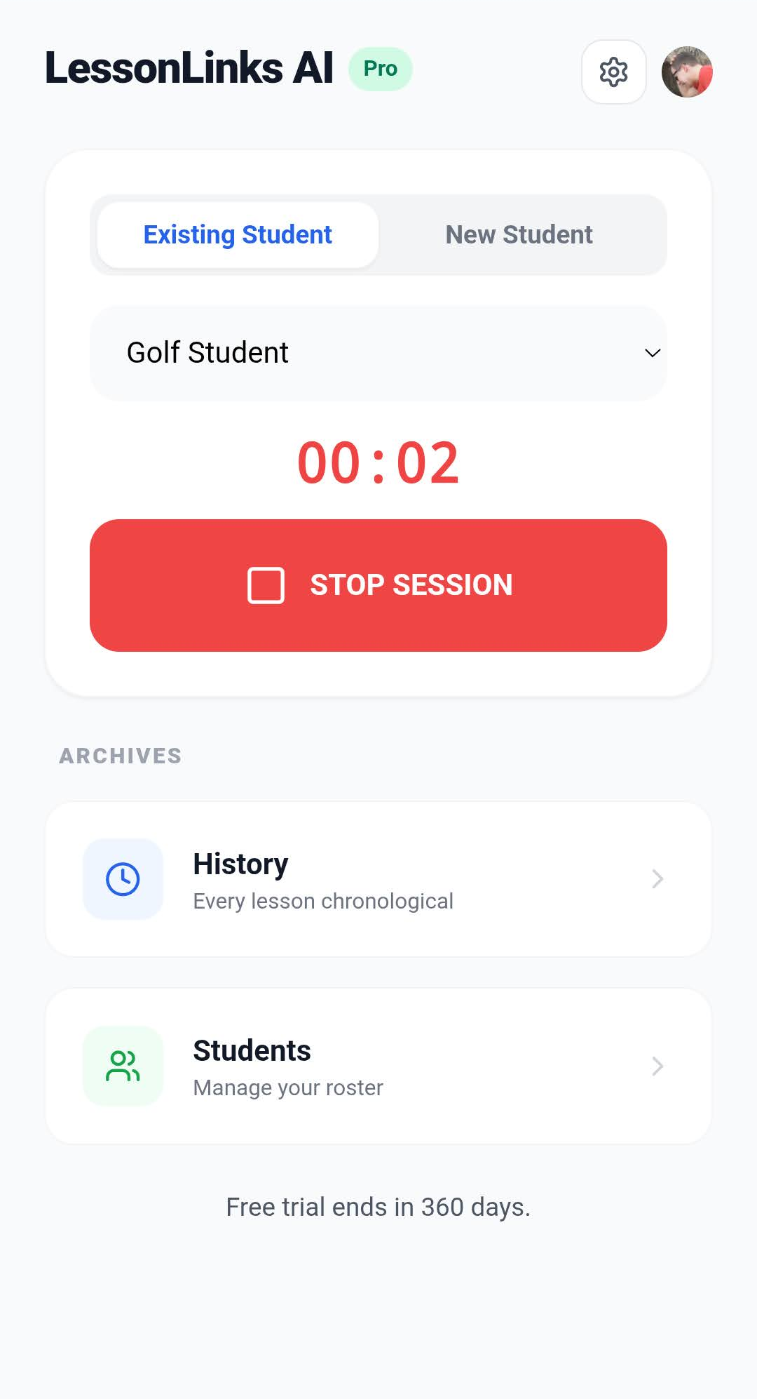 LessonLinks AI timer and student lesson tracking screen